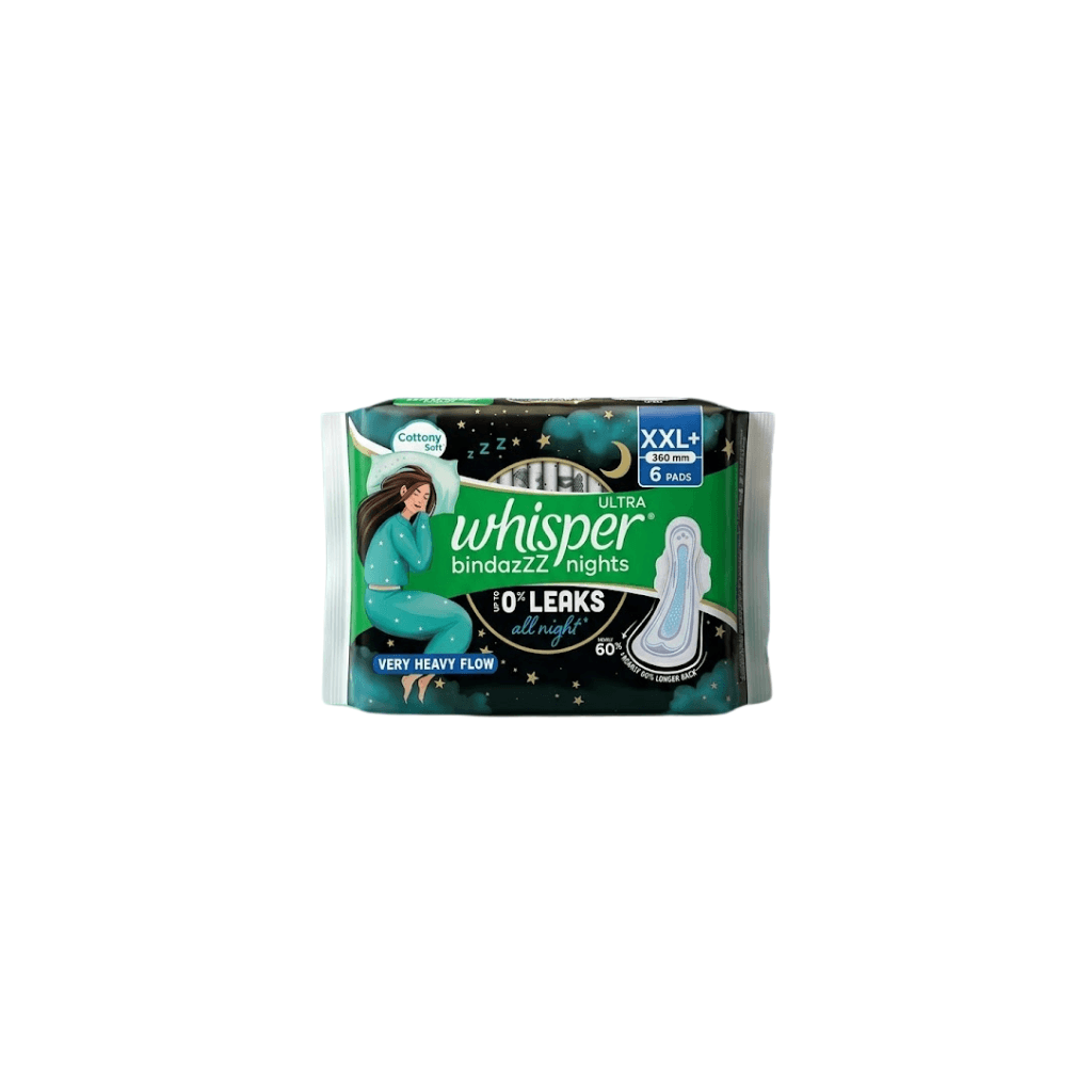 Whisper Bindazzz Nights 6 XXL+ Sanitary Pads, Upto 0% Leaks All Night Long, For Very Heavy Flow, Nearly 60% Longer with Wider Back, Active odor lock so you feel fresh, Disposable Wrapper