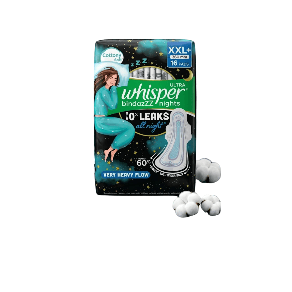 Whisper Bindazzz Nights 16 XXL+ Sanitary Pads, Upto 0% Leaks All Night Long, For Very Heavy Flow, Nearly 60% Longer with Wider Back, Active odor lock so you feel fresh, Disposable Wrapper