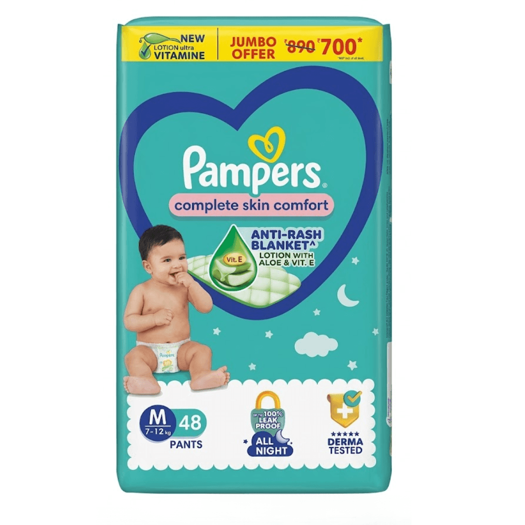 Pampers Complete Skin Comfort Pants, (M) 48 Count, Anti-rash blanket, Lotion with Vitamin E & Aloe Vera, Medium size baby diapers, 7-12kg