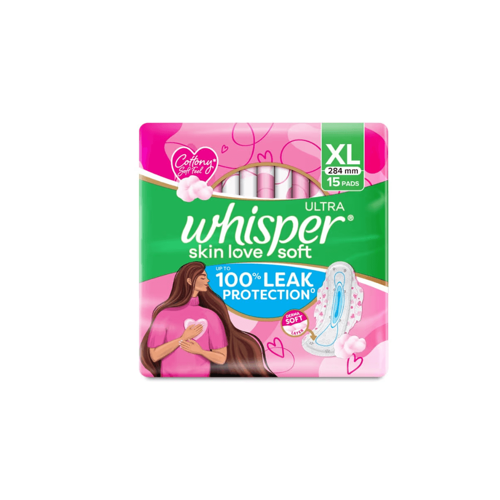 Whisper Ultra Skin Love Soft Sanitary Pads, 15 XL Pads, Cottony Soft Feel, Upto 100% Leak* Protection, Disposable Wrapper, Locks Odour & Wetness (Product Does Not Contain Cotton) (*Based on P&G Technical Data)
