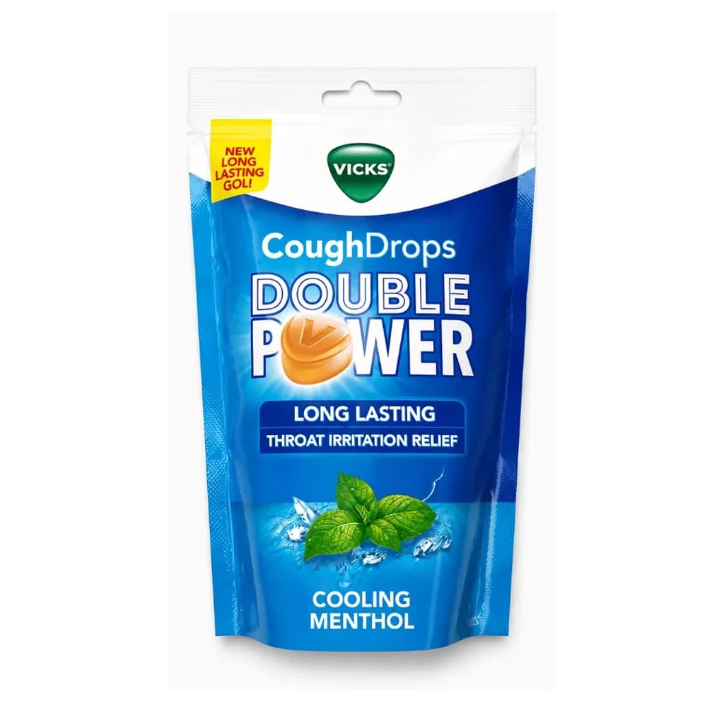 VICKS COUGH DROPS DOUBLE POWER THROAT IRRITATION RELIEF COOLING MENTHOL 25 LOZENGES