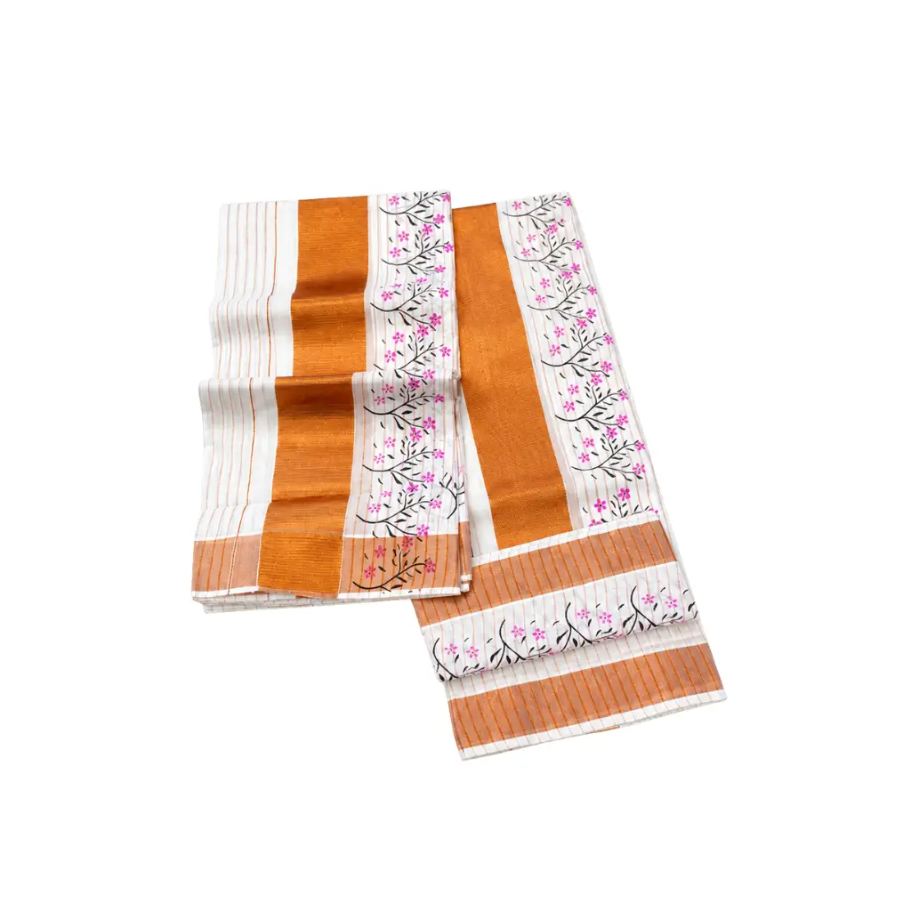 KUTHAMPULLY FLOWER PRINT COPPER STRIPE SET MUNDU EXTRA LENGTH