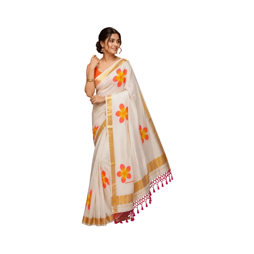 Hand-painted flower on Mul Cotton kasavu saree with blouse